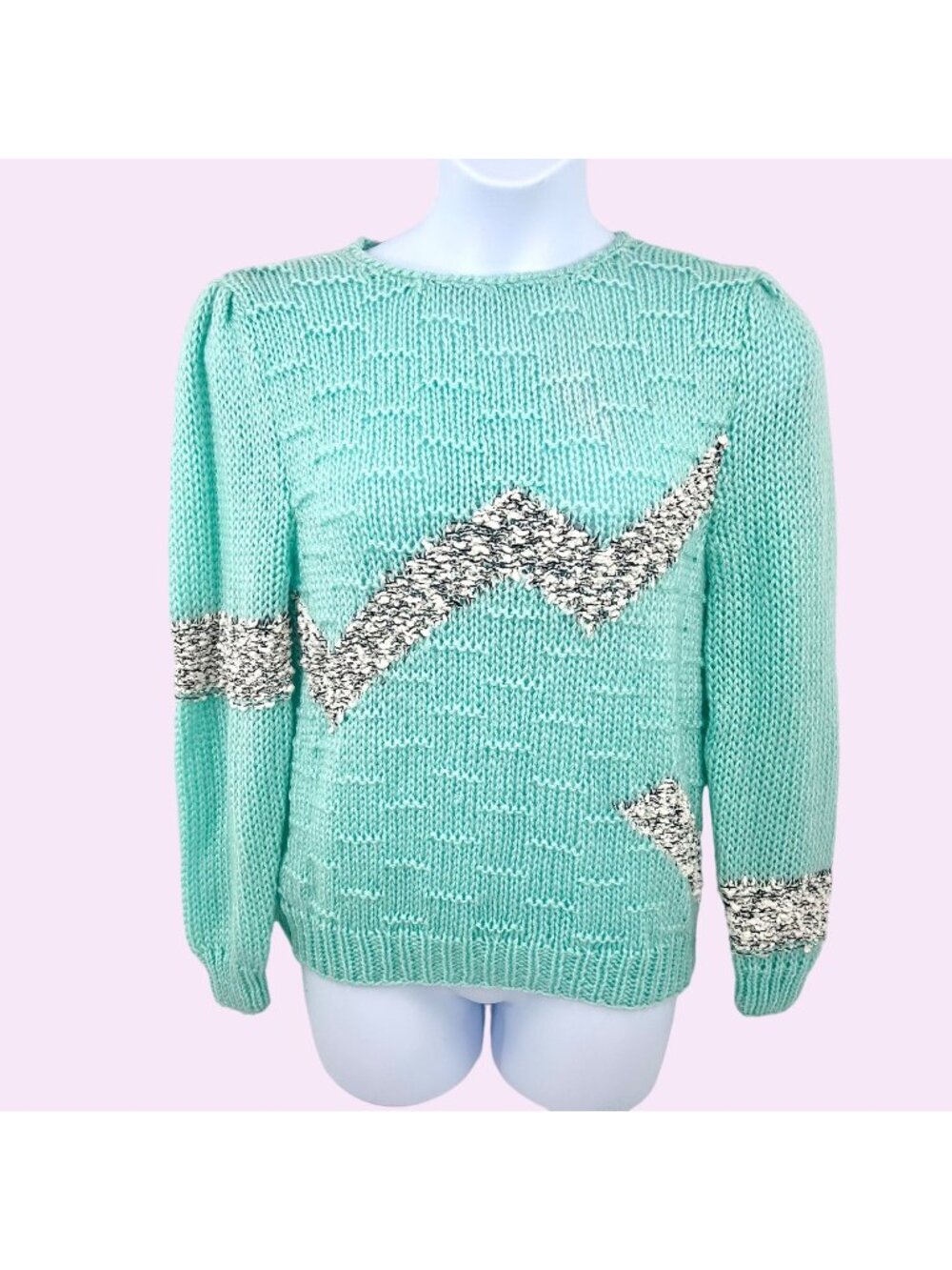 VINTAGE DEB HAND KNIT PASTEL MINT GREEN 80'S SWEATER - L